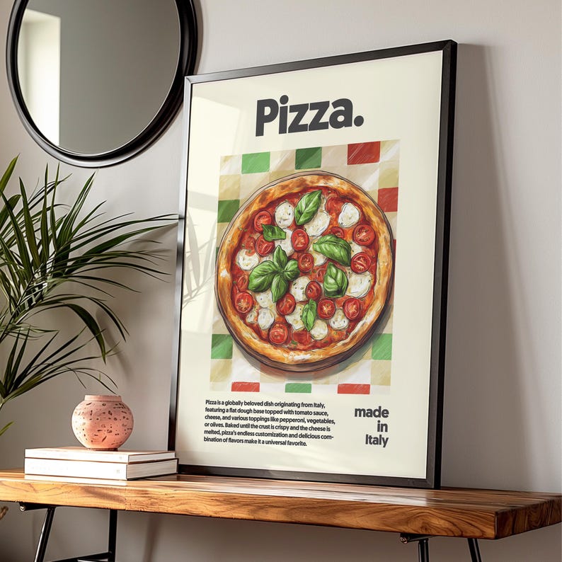 Pu&ograve; includere: Un poster con un'illustrazione colorata di una pizza con mozzarella, fette di pomodoro e foglie di basilico. Il poster ha il testo "Pizza." e "made in Italy".