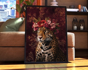 Poster massimalista Jaguar - Stampa floreale di animali - Arte murale Jaguar - Stampa di animali - Ritratto di animali - Vintage floreale funky colorato vintage