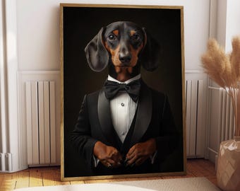 Puede incluir: Retrato enmarcado de un perro salchicha con esmoquin negro y pajarita. El perro tiene pelaje negro y marrón sobre un fondo oscuro. El marco es de color marrón claro, añadiendo elegancia.