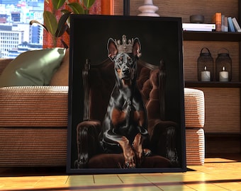 May include: A black and brown dog wearing a gold crown sits on a plush, brown velvet throne. The dog is looking directly at the camera. The background is dark and blurred.