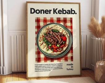 Pôster Doner Kebab - Pôster de comida - Decoração de cozinha - Impressão de cozinha - Comida turca - Arte de comida Kebab - Arte da culinária turca - Arte de parede de comida