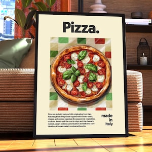 Pu&ograve; includere: Un'illustrazione incorniciata di una pizza su uno sfondo a scacchi rosso e bianco. La pizza ha una crosta sottile con salsa di pomodoro, mozzarella, basilico e pomodorini. Il testo "Pizza." &egrave; in alto nella cornice e "made in Italy" &egrave; in basso.