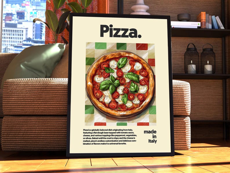 Pu&ograve; includere: Un'illustrazione incorniciata di una pizza su uno sfondo a scacchi rosso e bianco. La pizza ha una crosta sottile con salsa di pomodoro, mozzarella, basilico e pomodorini. Il testo "Pizza." &egrave; in alto nella cornice e "made in Italy" &egrave; in basso.
