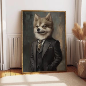 May include: A painting of a dog wearing a dark suit and a gold tie. The dog has a brown and white coat and is looking directly at the viewer. The background is a dark blue and brown color.
