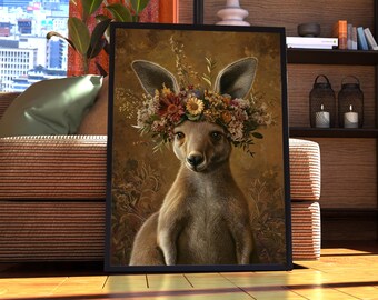 Maximalist Känguru Poster - Blumen Tierdruck - Känguru Wandkunst - Tierdruck - Tier Porträt - Vintage Blumen Funky Bunt Rosa