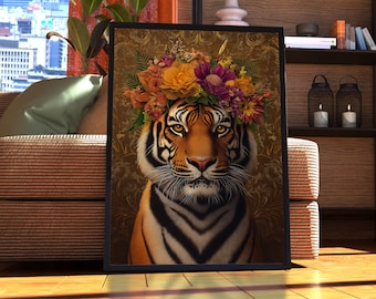 Maximalist Tiger Poster - Floral Animal Print - Tiger Wall Art - Animal Print - Animal Portrait - Vintage Floral Funky Colourful Vintage