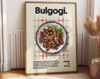 May include: A poster with a watercolor illustration of Bulgogi, a Korean dish of marinated beef, served on a white plate with a blue rim. The poster has a red and white checkered background and the text "Bulgogi. made in Korea" in black.
