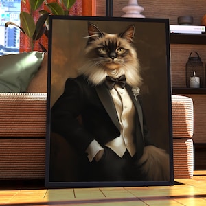 Retrato de gato Ragdoll con traje - Póster de gato - Retrato de mascota - Arte personalizado para mascotas - Arte mural Ragdoll - Arte de gato - Regalo para dueños de gatos - Esmoquin blanco para gatos
