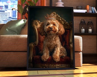 May include: A brown and white dog wearing a gold crown sits on a red velvet throne with gold accents. The dog is looking at the camera with a happy expression.