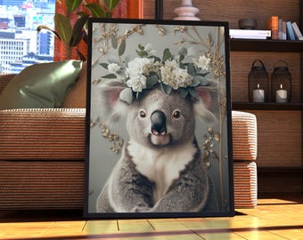 May include: A gray koala wearing a crown of white flowers and green leaves. The koala is looking directly at the camera with a friendly expression. The background is a light blue with gold accents.