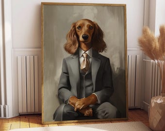 Taxdräktporträtt - Hundposter - Husdjursporträtt - Anpassad husdjurskonst - Taxkonst - Hundkonst - Gåva till hundälskare - Rolig taxkonst
