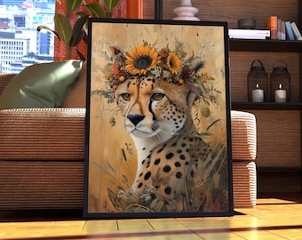 Maximalist Cheetah Poster - Floral Animal Print - Cheetah Wall Art - Animal Print - Animal Portrait - Vintage Floral Funky Colourful Vintage
