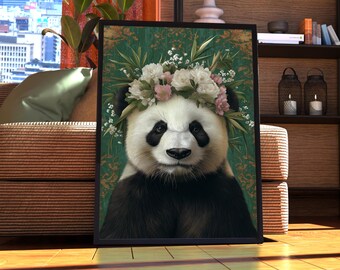 【約84cm】ANIMALLS アートポスター（超大型A1サイズ） Maximalist Panda Poster - Floral Animal Print - Panda Wall Art