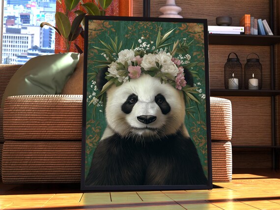 Maximalist Panda Poster - Floral Animal Print - Panda Wall Art
