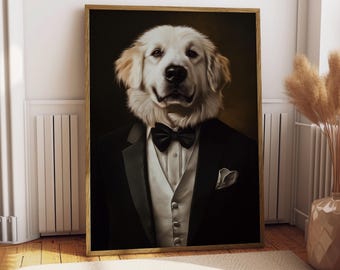 Retrato de traje de los Grandes Pirineos - Póster de perro - Retrato de mascota - Arte divertido de perros - Arte de los Grandes Pirineos - Arte de perros - Regalo para amantes de los perros - Traje de los Pirineos