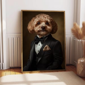 May include: A brown and white dog wearing a black tuxedo with a bow tie and a gold pocket square. The dog is looking directly at the viewer.