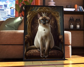 Syjamski Kot Królewski Portret - Plakat Kot - Portret Zwierzaka - Niestandardowa Sztuka Zwierzaka - Sztuka Ścienna Syjamskiego Kota - Sztuka Kota - Prezent dla Właściciela Kota Sztuka Vintage