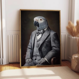 Retrato de loro con traje - Póster de mascota - Retrato de loro - Arte personalizado para mascotas - Arte mural para mascotas - Arte de reptiles - Regalo para amantes de los loros - Arte de loro guacamayo