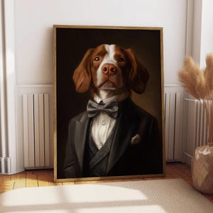 Retrato de terno de Spaniel Bretanha - Pôster de cachorro - Retrato de animal de estimação - Arte personalizada para animais de estimação - Arte de Spaniel Bretanha - Arte de cachorro - Presente para amante de cães Tuxedo Dog