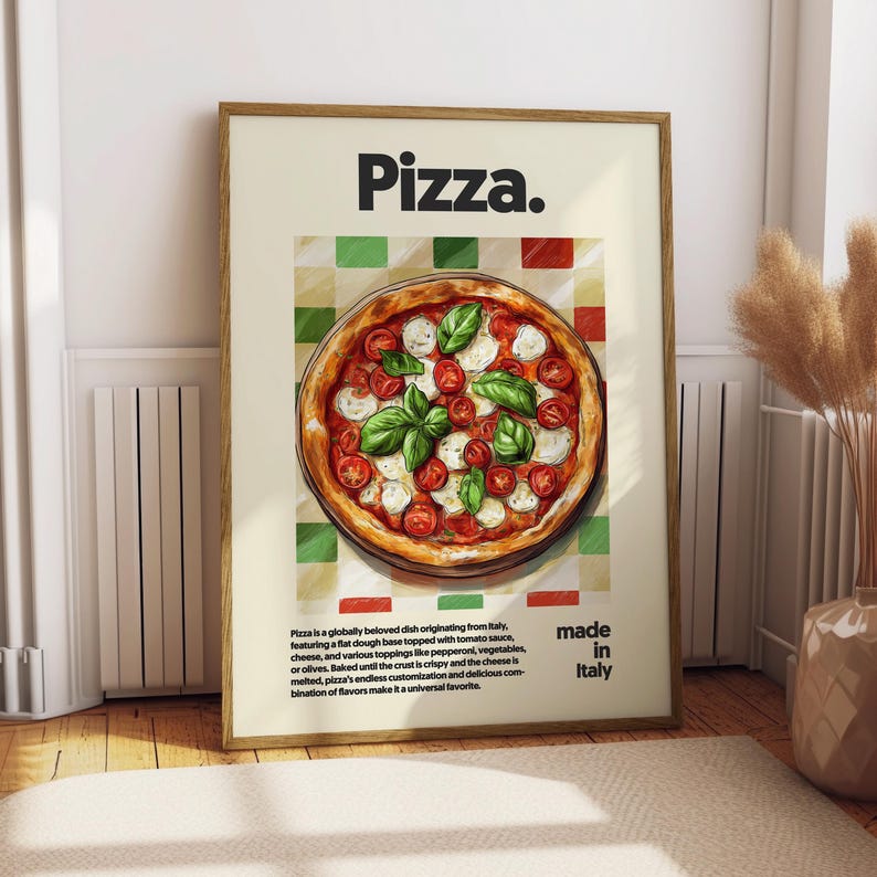 Pu&ograve; includere: Un poster con un'illustrazione colorata di una pizza con salsa di pomodoro, mozzarella e foglie di basilico. Il testo sul poster recita "Pizza. Made in Italy."