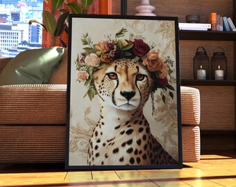 Cheetah Floral Crown Print - Maximalist Animal Portrait Poster
