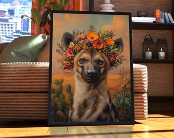 Maximalist Hyena Poster - Floral Animal Print - Hyena Wall Art - Animal Print - Animal Portrait - Vintage Floral Funky Colourful Pink