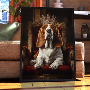 May include: A basset hound dog wearing a jeweled crown sits on a red velvet throne with gold trim. The dog has brown and white fur and is looking directly at the viewer.