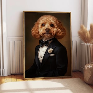 Peut inclure: Un chien brun et blanc portant un smoking noir avec un nœud papillon blanc et une fleur blanche à la boutonnière. Le chien regarde directement le spectateur.