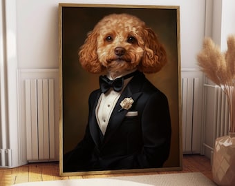 May include: A brown and white dog wearing a black tuxedo with a white bow tie and a white flower in the lapel. The dog is looking directly at the viewer.