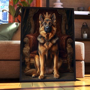 May include: A German Shepherd dog wearing a gold crown sits on a throne with a red velvet cushion. The dog is looking directly at the viewer with a serious expression. The throne is ornately decorated with gold trim and carvings.