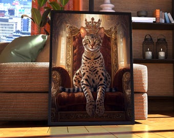 May include: A brown tabby cat with a gold crown sits on a throne with gold accents. The throne has a red velvet cushion and is decorated with gold trim. The cat has a gold collar with a jewel.