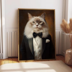 Retrato de gato Ragdoll con traje - Póster de gato - Retrato de mascota - Arte personalizado para mascotas - Arte mural Ragdoll - Arte de gato - Regalo para dueños de gatos - Esmoquin blanco para gatos
