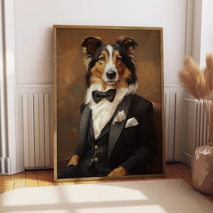Collie Collie Anzug Portrait - Hunde Poster - Haustier Porträt - Individuelle Haustier Kunst - Collie Kunst - Hunde Kunst - Geschenk für Hundeliebhaber - Hund Lustiger Hund