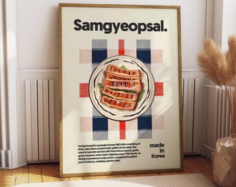 May include: A poster with a red, white, and blue checkered background. The poster features a plate of grilled pork belly with the text "Samgyeopsal. made in Korea".