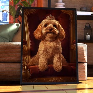 May include: A brown and white dog wearing a gold crown sits on a red velvet throne with gold accents. The dog is looking directly at the camera.