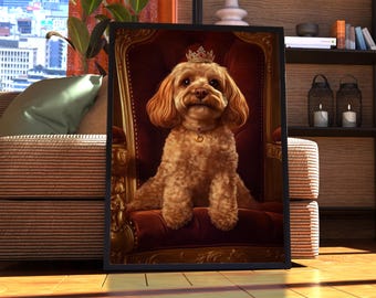 May include: A brown and white dog wearing a gold crown sits on a red velvet throne with gold accents. The dog is looking directly at the camera.