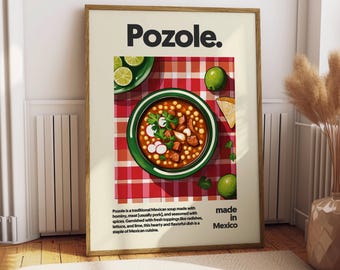 May include: A poster with a red and white checkered background featuring a bowl of Pozole, a traditional Mexican soup made with hominy, meat, and seasoned with spices. The poster also includes the text "Pozole." and "made in Mexico."