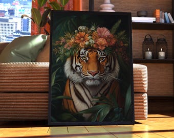 Maximalist Tiger Poster - Floral Animal Print - Tiger Wall Art - Animal Print - Animal Portrait - Vintage Floral Funky Colourful Vintage