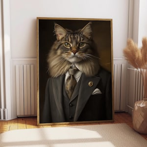 Retrato de gato del bosque noruego en traje - Póster de gato - Retrato de mascota - Arte personalizado para mascotas - Arte mural de gato del bosque - Arte de gato - Regalo para dueño de gato - Gato con esmoquin