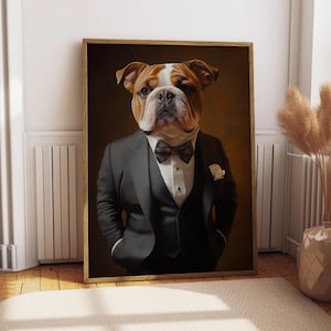 Englische Bulldogge Anzug Porträt - Hunde Poster - Haustier Porträt - Individuelle Haustier Kunst - Bulldogge Kunst - Hundekunst - Hunde Geschenk - Lustiges Bulldogge Kunst Porträt
