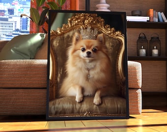 Può includere: Un piccolo cane marrone chiaro e soffice con una corona scintillante siede su un trono dorato. Il cane guarda direttamente la telecamera.