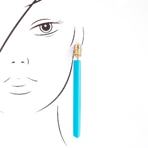 Handmade large long chandelier drop facet geometric statement dangle resin earrings in gold glitter and turquoise. image 1