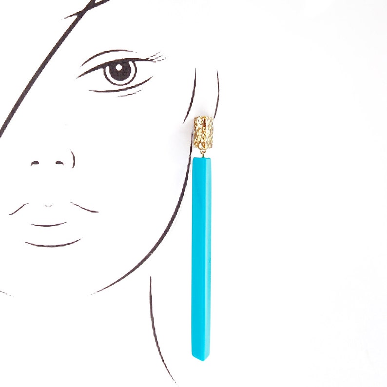 Handmade large long chandelier drop facet geometric statement dangle resin earrings in gold glitter and turquoise. image 1