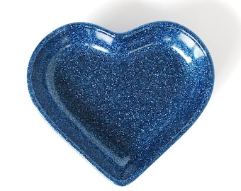 Love Heart resin trinket dish bowl, in fine sapphire blue glitter.