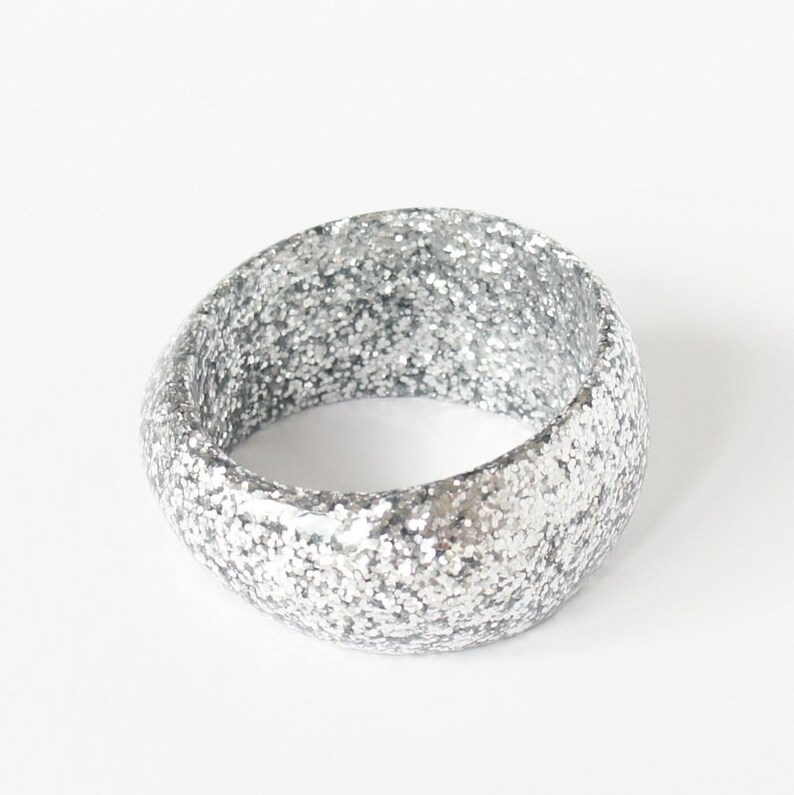 abstract chunky organic statement piece in silver glitter. Resin bangle