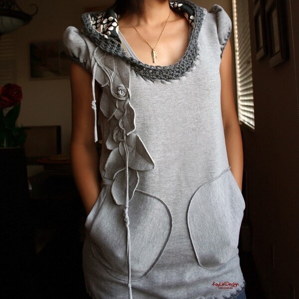 S A L E Sweatshirt fleece puff sleeve hoodie with crochet details - KT 298