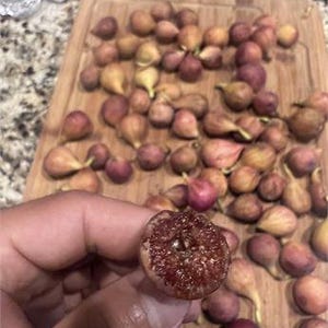 May include: A hand holds a halved fig, revealing its seeded interior. A wooden cutting board is covered with numerous small figs, varying in shades of purple, pink, and yellow. The figs are arranged on the board, suggesting a harvest.