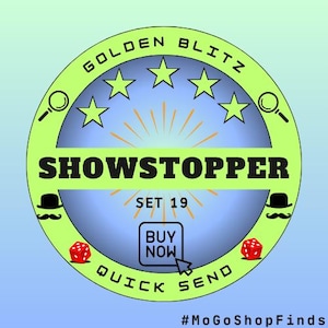 May include: Circular graphic with the words "GOLDEN BLITZ" and "SHOWSTOPPER." The design includes stars, dice, a top hat, a mustache, and the text "SET 19." A "BUY NOW" button is also present. The background is a gradient of blue and green.