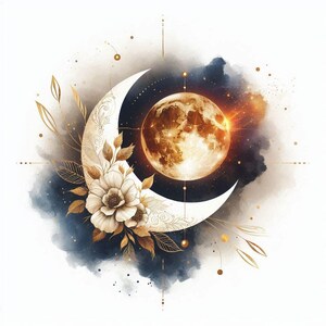 Puede incluir: Ilustración en acuarela de una luna creciente con detalles florales y de hojas, y una luna llena. La obra presenta una paleta de colores dorados, blancos y tonos de azul y marrón, con un tema celestial.