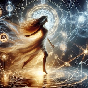 Puede incluir: Ilustración digital de una mujer con un vestido blanco fluido, con cabello largo y suelto, caminando a través de una red de líneas y círculos dorados y azules brillantes. La obra tiene un tema místico y etéreo.